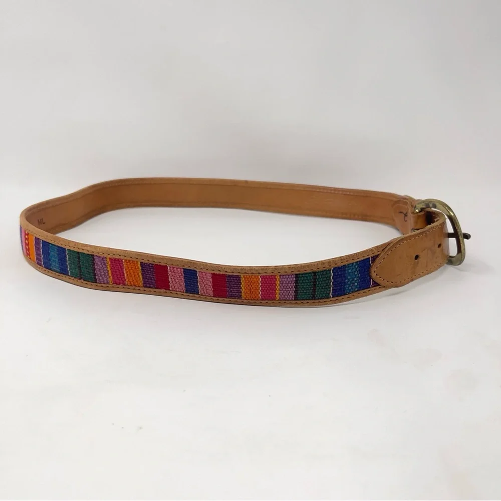 Vintage Guatemalan Leather Belt, Colorful‎ Woven Stripe, Brass Buckle Boho